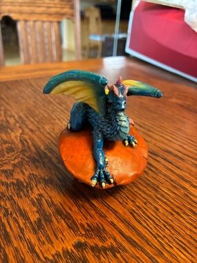 1997 WUI Small Resin Blue Yellow Dragon on an Orange Mushroom Toadstool Fantasy